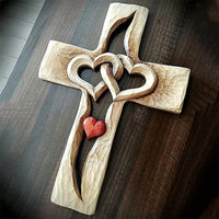 Carved Wooden Cross Intertwined Hearts Acrylic