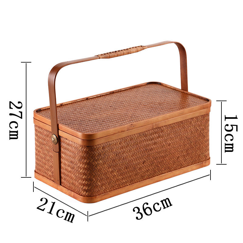 Bamboo Cabas Food Container Double Layer With Lid Rectangular Portable Tea Storage Box