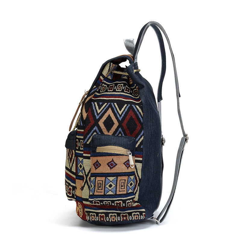 Ethnic Style Denim Large Capacity Drawstring School Bag/Backpack