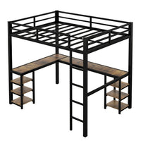 Full Metal Loft Bed With Desk And Shelves, Loft Bed With Ladder And Guardrails, Loft Bed Frame For Bedroom