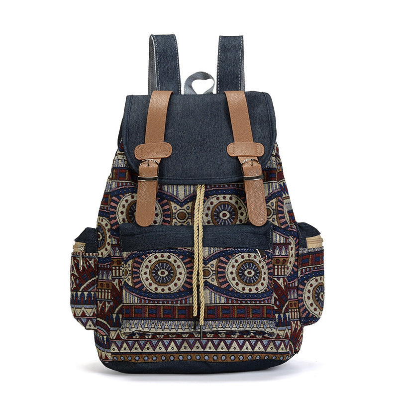 Ethnic Style Denim Large Capacity Drawstring School Bag/Backpack