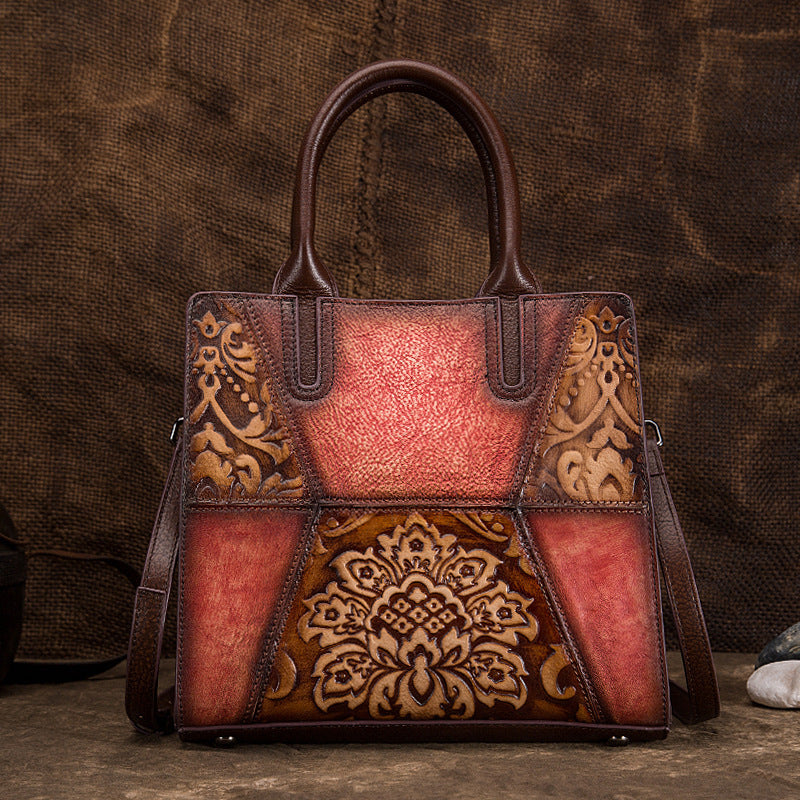 New Style Tree High Leather Retro Handbags Embossed Hand-Painted