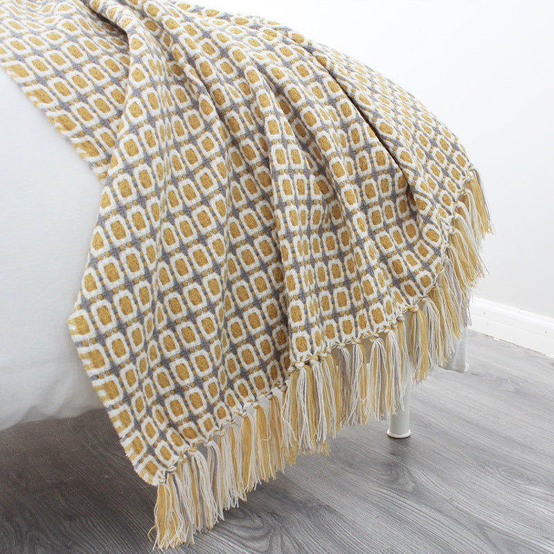 Pastoral Style Blanket INS Knitted Blanket Simple Style Yellow Plaid