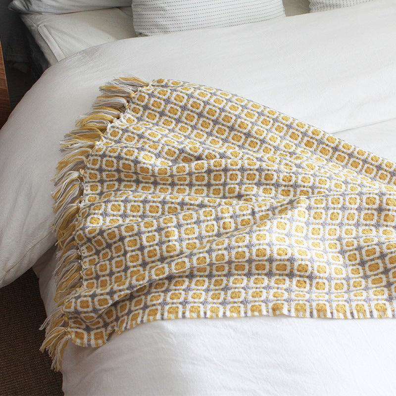 Pastoral Style Blanket INS Knitted Blanket Simple Style Yellow Plaid