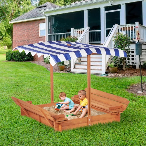 46 Inches Wooden Sandbox With 2 Foldable Benches,