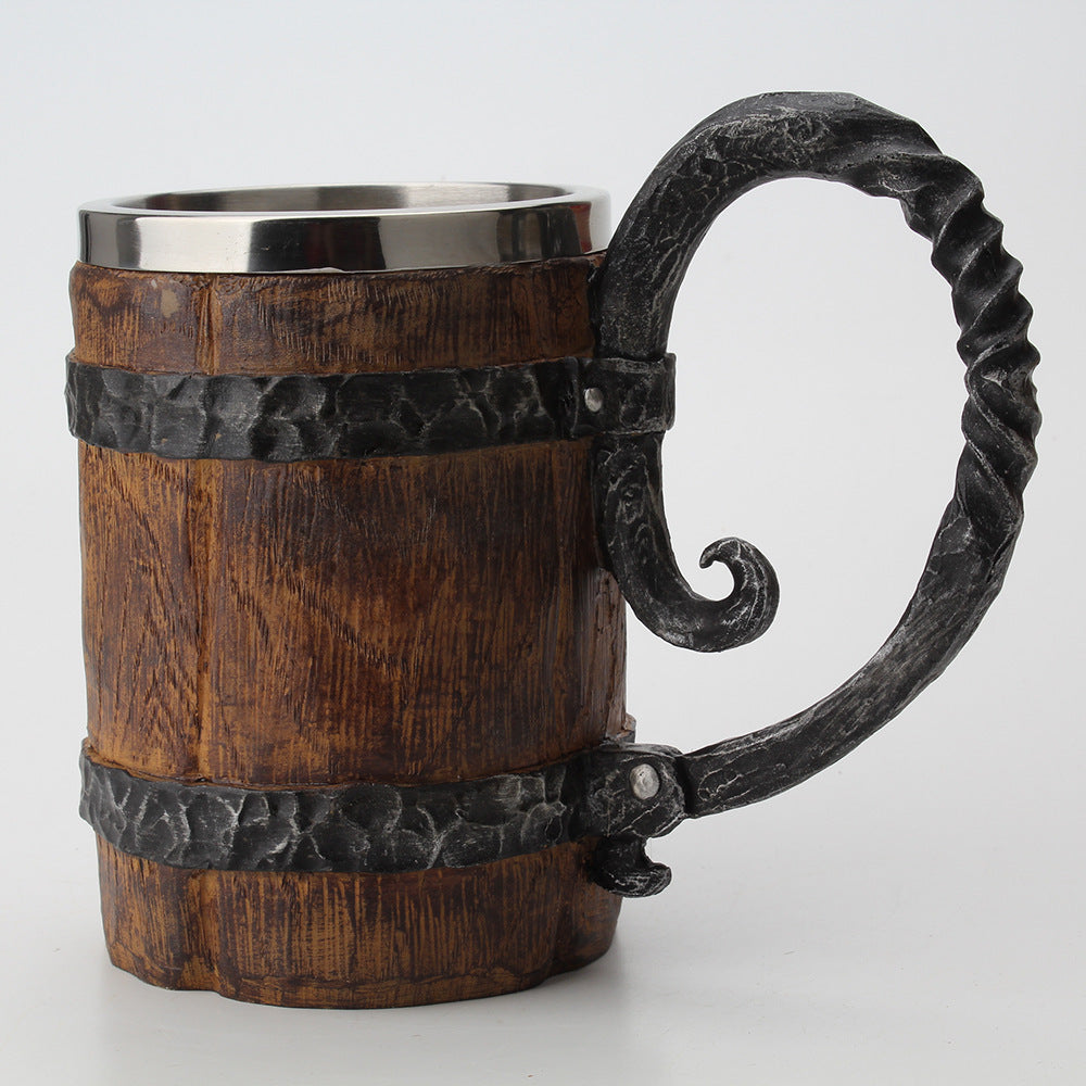 Stainless Steel Liner Mug, Large-handle Large Wooden Barrel Water Mug