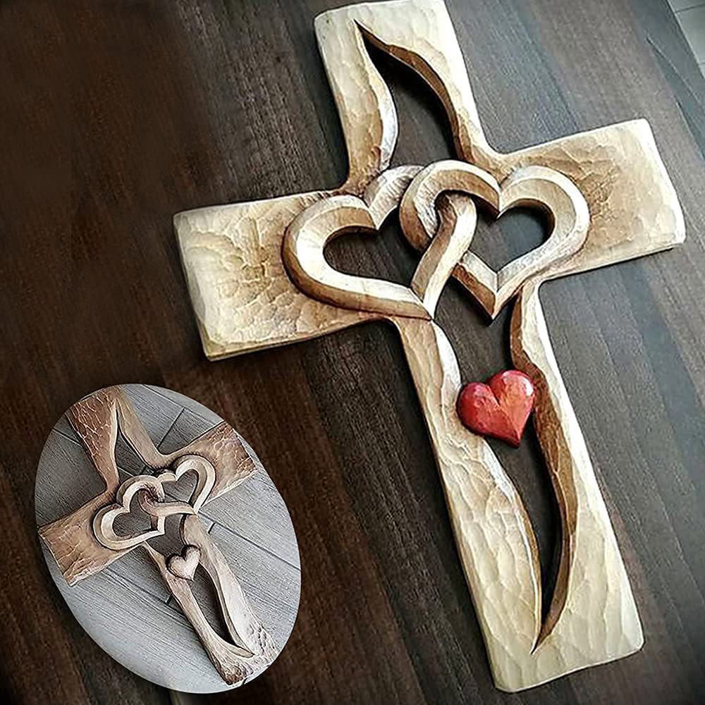 Carved Wooden Cross Intertwined Hearts Acrylic