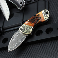 Brown Ox Bone Carved Pure Brass Handle Damascus Steel Folding Knife