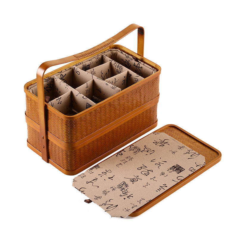 Bamboo Cabas Food Container Double Layer With Lid Rectangular Portable Tea Storage Box