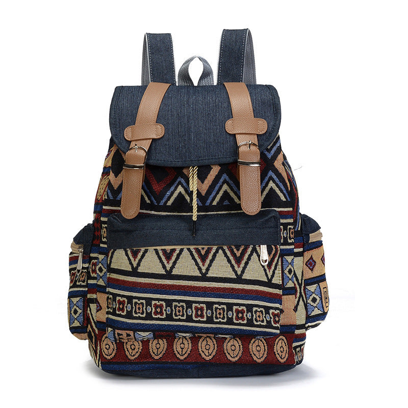 Ethnic Style Denim Large Capacity Drawstring School Bag/Backpack