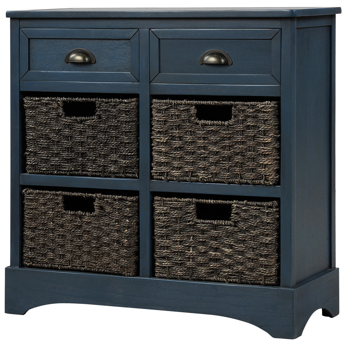 Country-style Storage Cabinet With Two Drawers And Four Classic Rattan Baskets For Dining Room, Entrance, Living Room - Antique Navy Blue