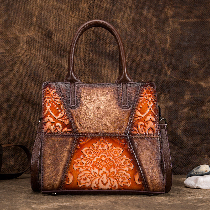 New Style Tree High Leather Retro Handbags Embossed Hand-Painted