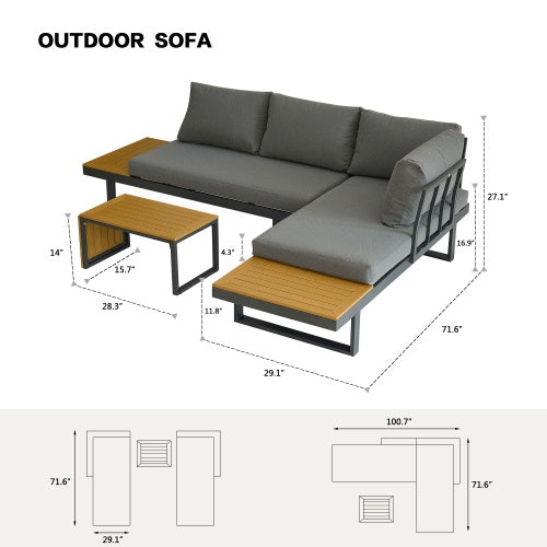 Aluminum Patio Furniture Set, Outdoor L-Shaped Sectional Sofa With Plastic Wood Side Table And Soft Cushion For Backyard Poolside