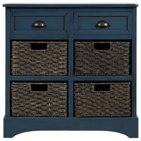 Country-style Storage Cabinet With Two Drawers And Four Classic Rattan Baskets For Dining Room, Entrance, Living Room - Antique Navy Blue