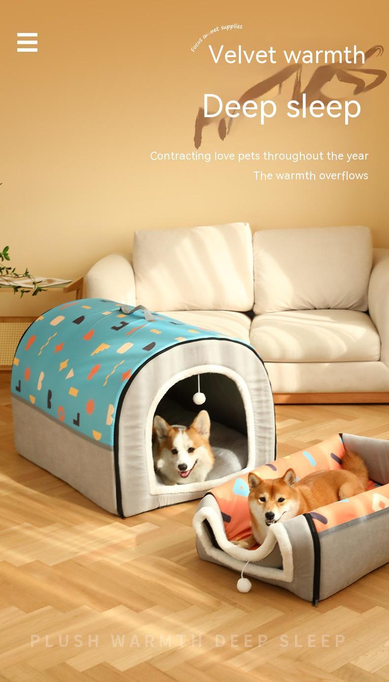 Warm Semi-enclosed Removable And Washable Two-color Geometric Pattern House Kennel