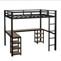 Full Metal Loft Bed With Desk And Shelves, Loft Bed With Ladder And Guardrails, Loft Bed Frame For Bedroom