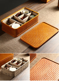 Bamboo Cabas Food Container Double Layer With Lid Rectangular Portable Tea Storage Box