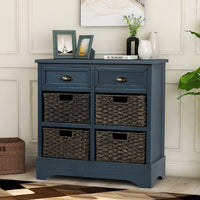 Country-style Storage Cabinet With Two Drawers And Four Classic Rattan Baskets For Dining Room, Entrance, Living Room - Antique Navy Blue