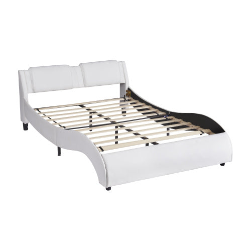 Queen Size Upholstered Faux Leather Platform Bed With LED Light Bed Frame With Slatted - White