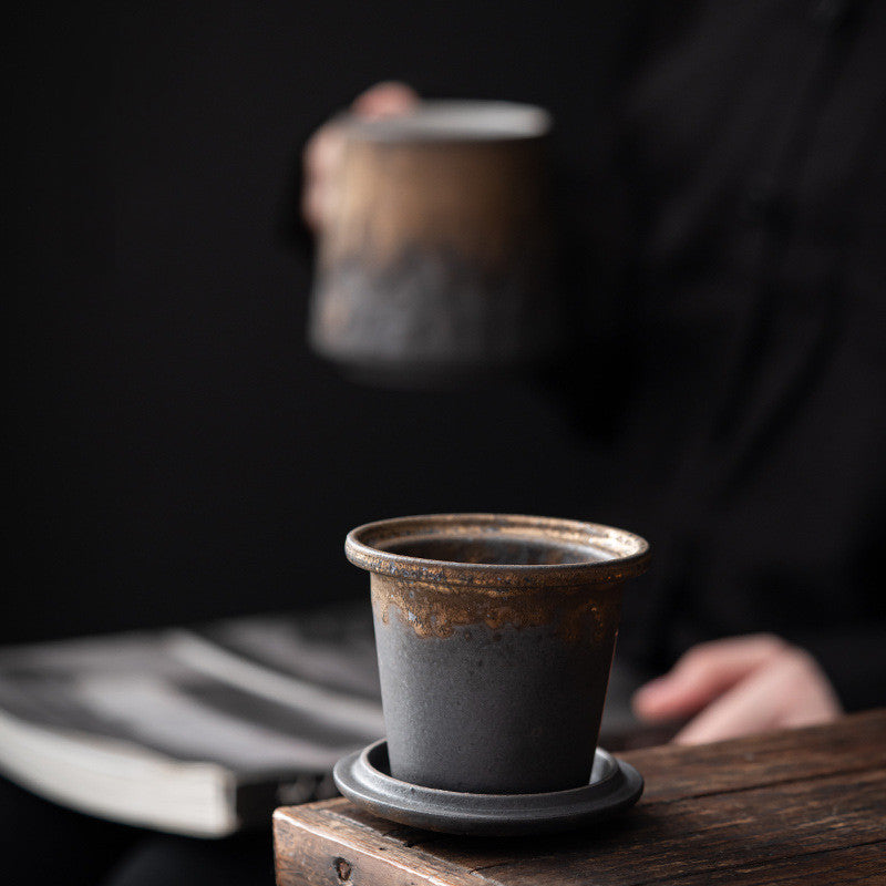 Vintage Ceramic Mug With Lid Filter Set