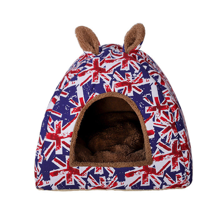 Pet Kennel House Winter Warm Rabbit Ears Cat Litter Pad Closed Yurt