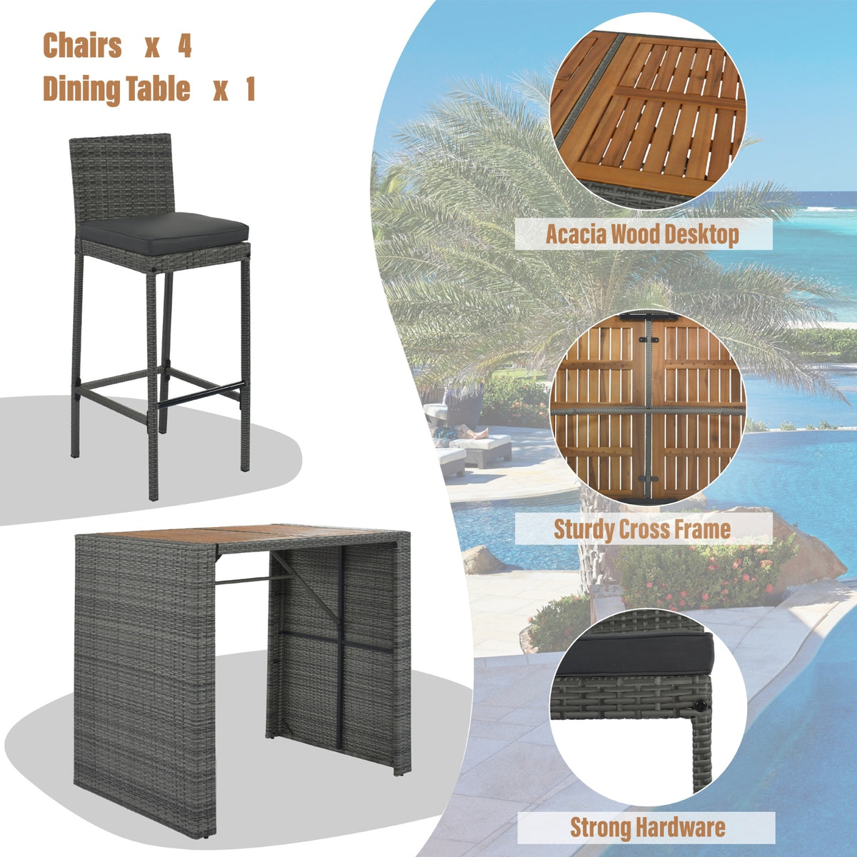 5-Piece Outdoor Patio Wicker Bar Set With Bar Height Chairs & Non-Slip Feet