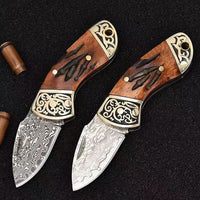 Brown Ox Bone Carved Pure Brass Handle Damascus Steel Folding Knife