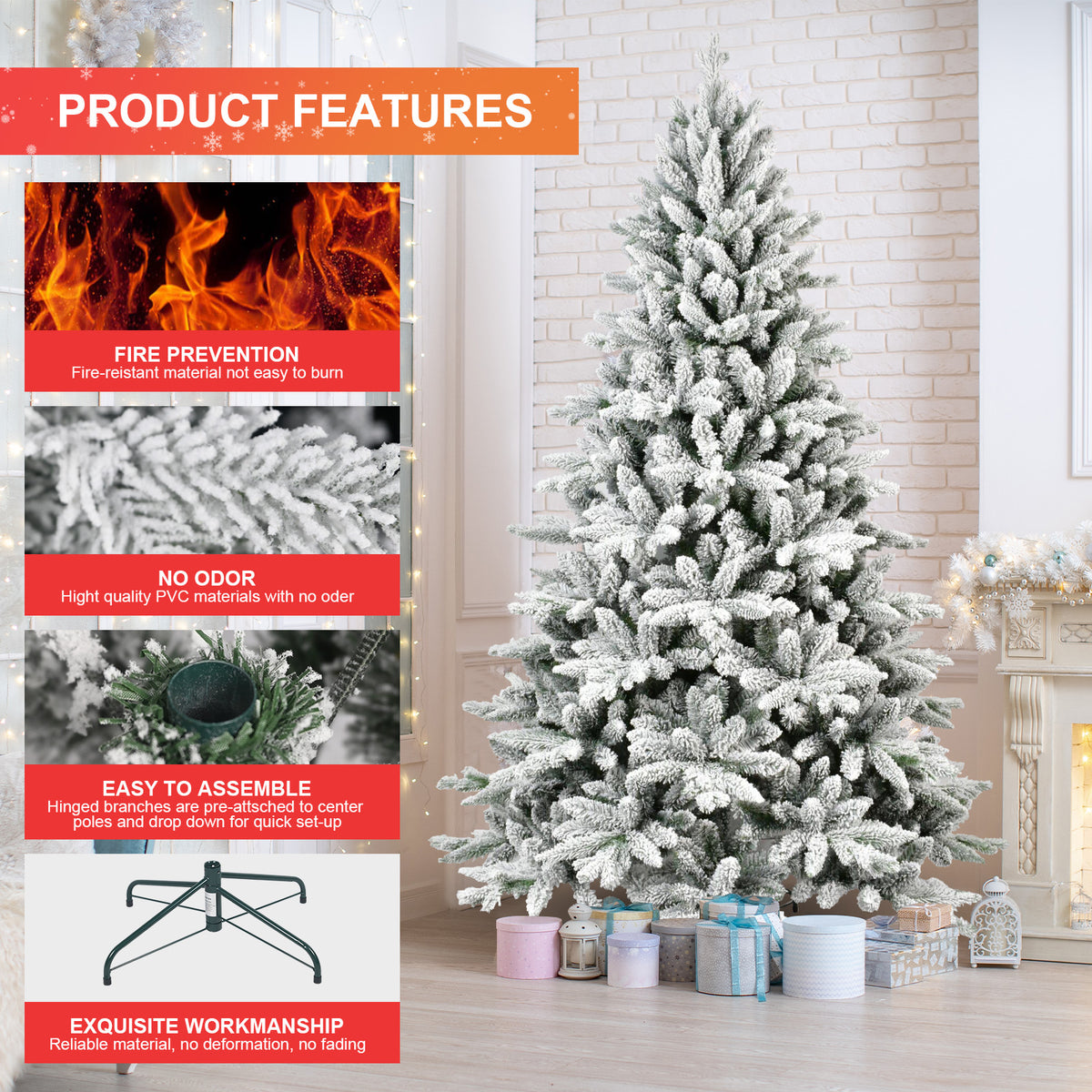 5 Feet PVC Flocked Artificial Christmas Tree With 768 Branch Tips & Metal Brackets, Collapsible Fake Tree With Realistic Snow Leaves For Home Decor