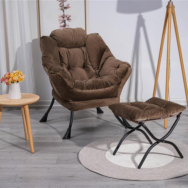 Living Room Chair Modern Cotton Fabric Lazy Chair With Armrests And Side Pockets - Brown With Ottoman