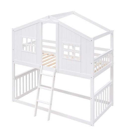 Bunk House Bed With Ladder, Wooden Bed - White