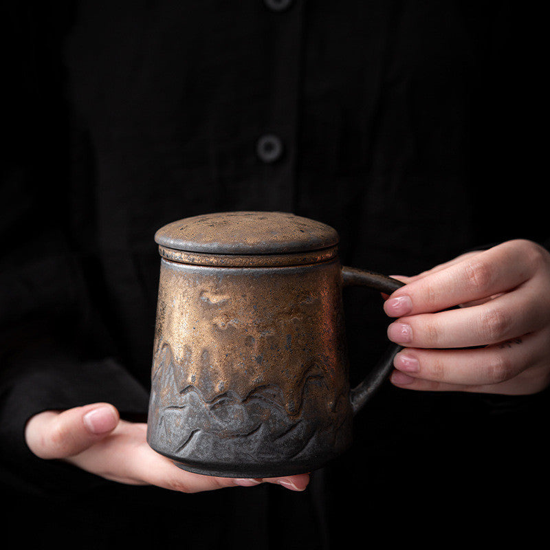 Vintage Ceramic Mug With Lid Filter Set
