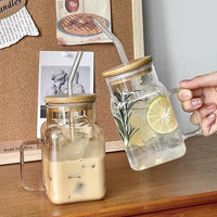 Borosilicate Transparent Glass Square Cup With Straw Glass With Lid Household Mug