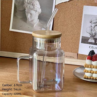 Borosilicate Transparent Glass Square Cup With Straw Glass With Lid Household Mug