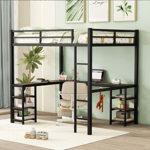 Full Metal Loft Bed With Desk And Shelves, Loft Bed With Ladder And Guardrails, Loft Bed Frame For Bedroom