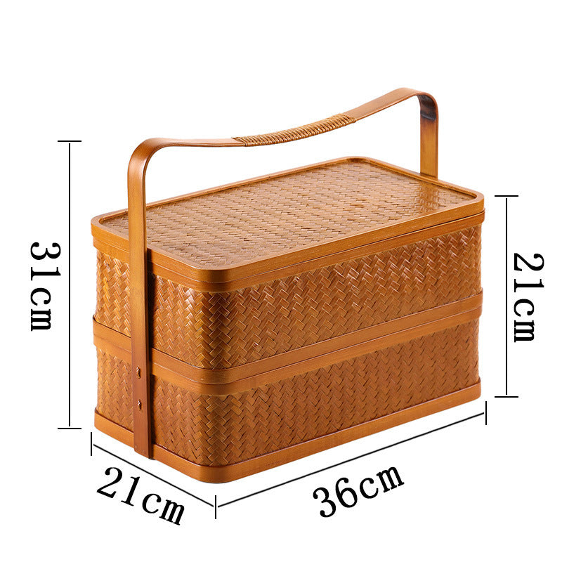 Bamboo Cabas Food Container Double Layer With Lid Rectangular Portable Tea Storage Box