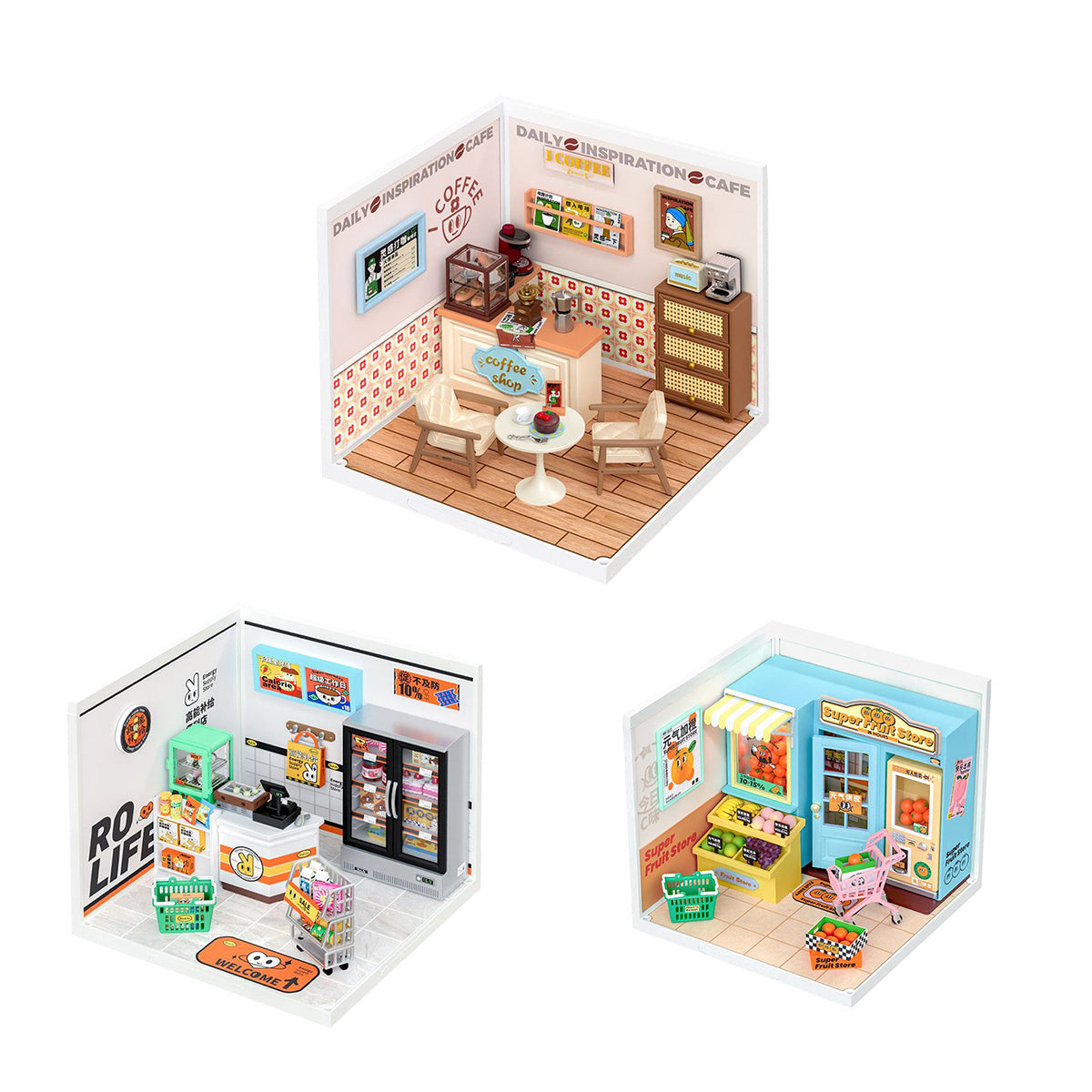 Robotime Rolife Super Creator Daily Plastic DIY Miniature House Cafe Energy Supply Store Building Block Sets English Version