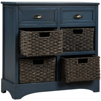 Country-style Storage Cabinet With Two Drawers And Four Classic Rattan Baskets For Dining Room, Entrance, Living Room - Antique Navy Blue