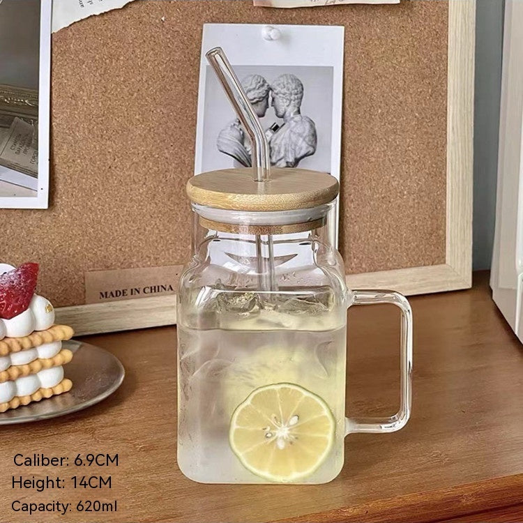 Borosilicate Transparent Glass Square Cup With Straw Glass With Lid Household Mug