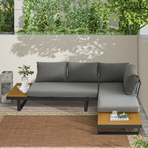 Aluminum Patio Furniture Set, Outdoor L-Shaped Sectional Sofa With Plastic Wood Side Table And Soft Cushion For Backyard Poolside