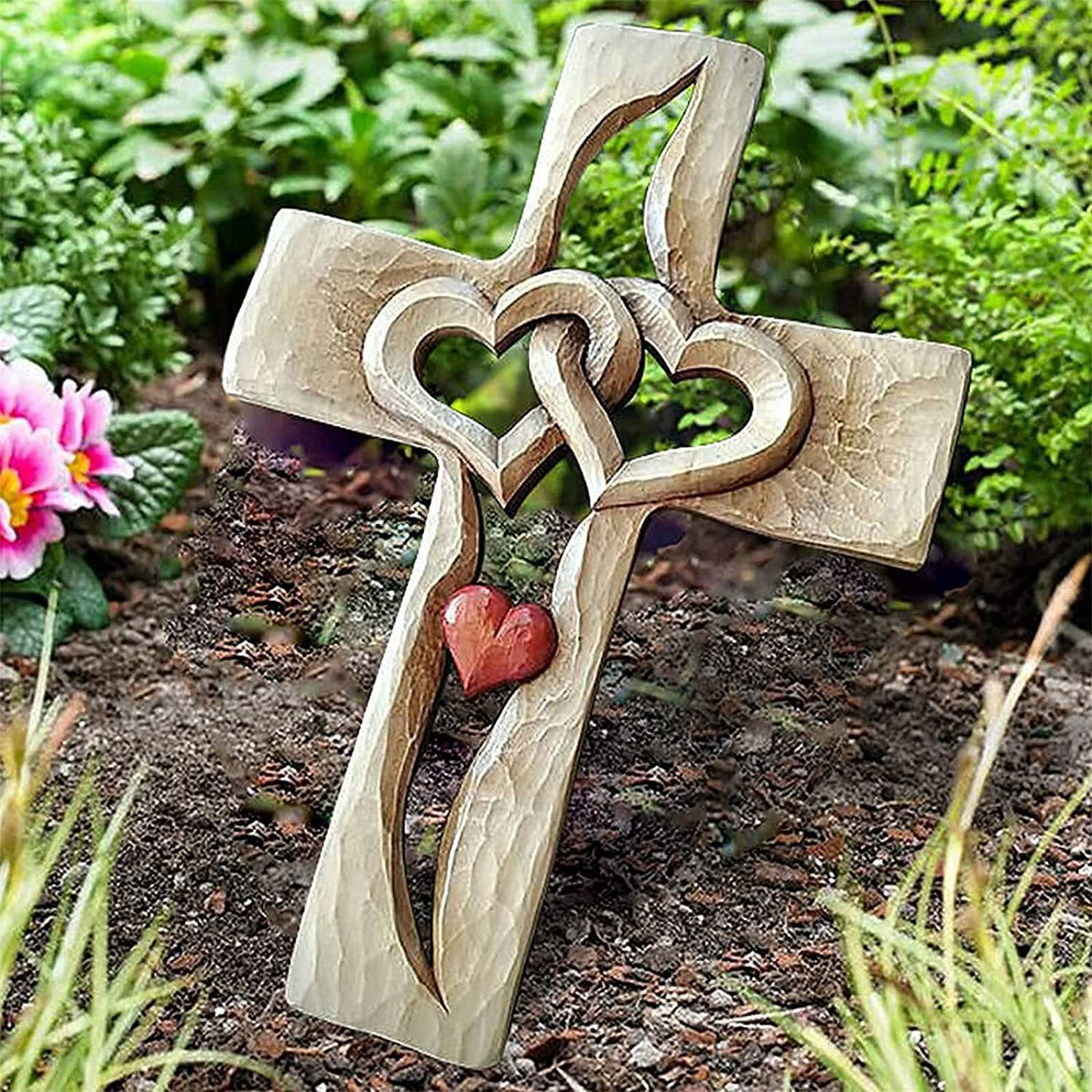 Carved Wooden Cross Intertwined Hearts Acrylic