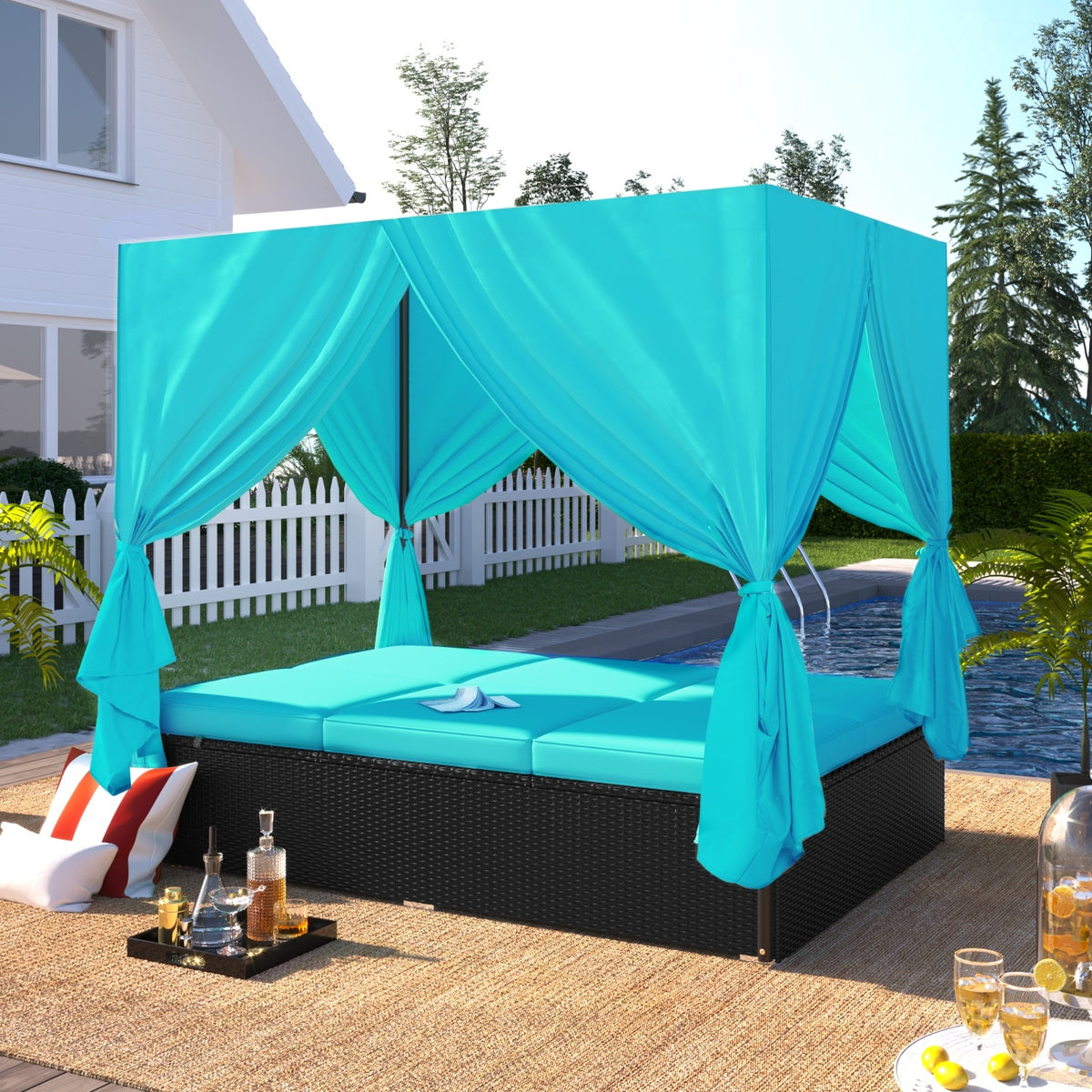 U STYLE Outdoor Patio Wicker Sunbed Daybed With Cushions, Adjustable Seats