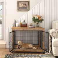 Furniture Double Door Dog Cage, Rustic Brown